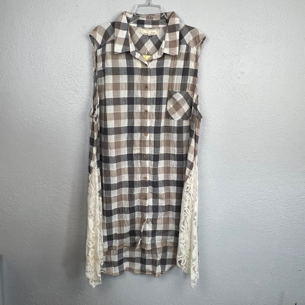 NWT A'reve Women's Plaid & Lace Button Up Sleeveless Shirt Dress Size 2XL - Picture 1 of 7